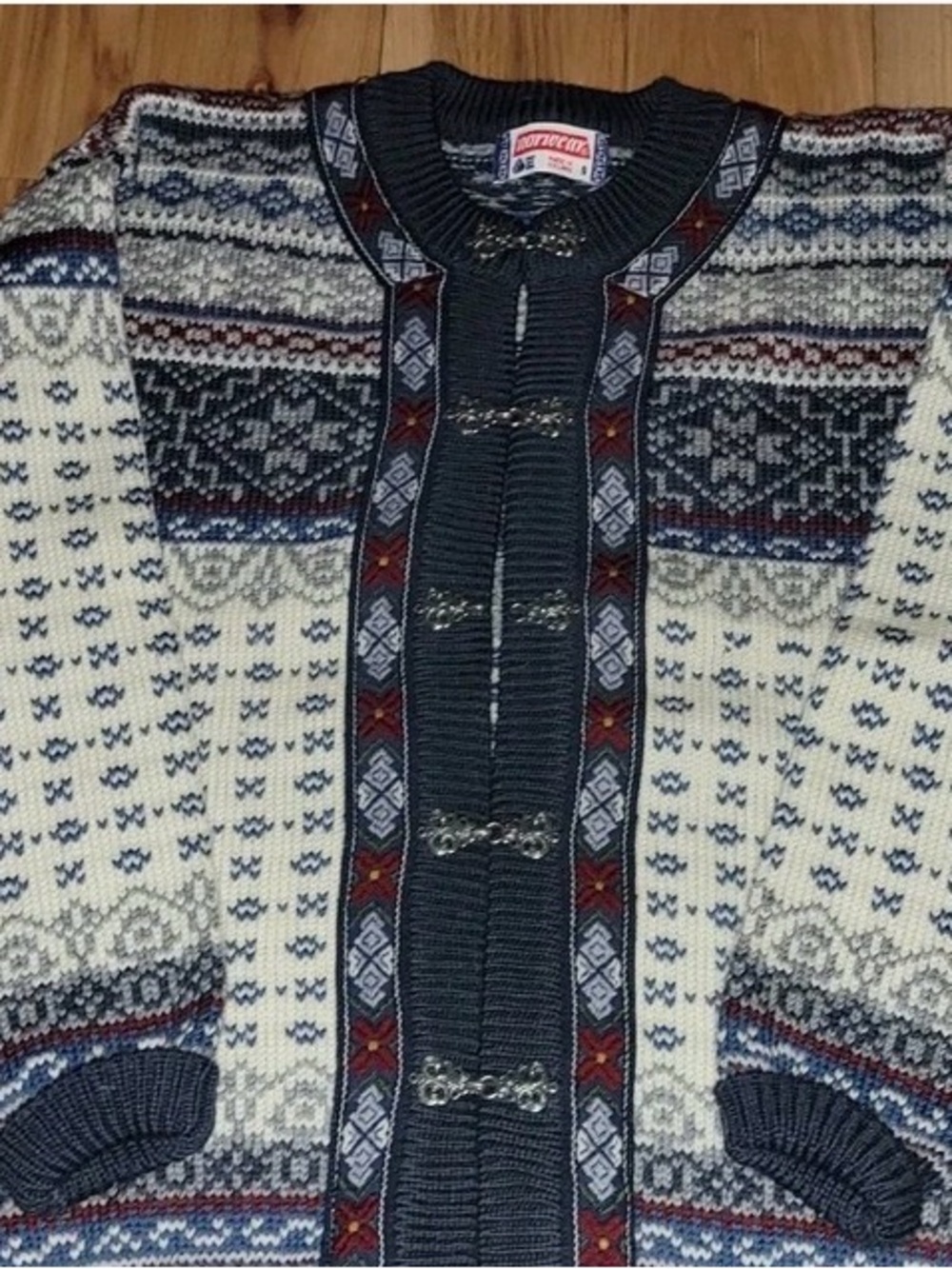 Vintage Norwear Icelandic Knit Toggle Cardigan Sweater - Navy and Cream